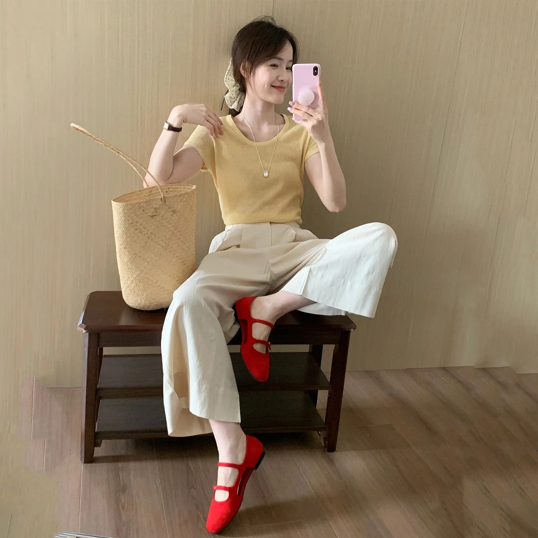 2025夏季一整套装女气质减龄慵懒风正肩针织短袖大码胖mm阔腿裤子