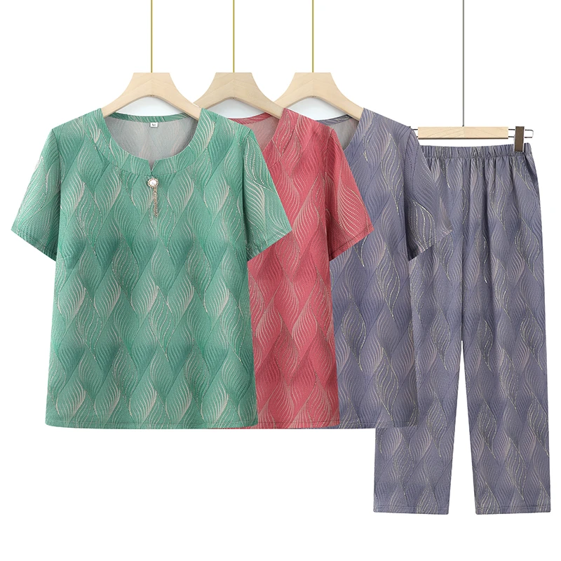 春夏薄款奶奶套装中t恤衫宽松大码九分裤妈妈婆婆夏季休闲两件套