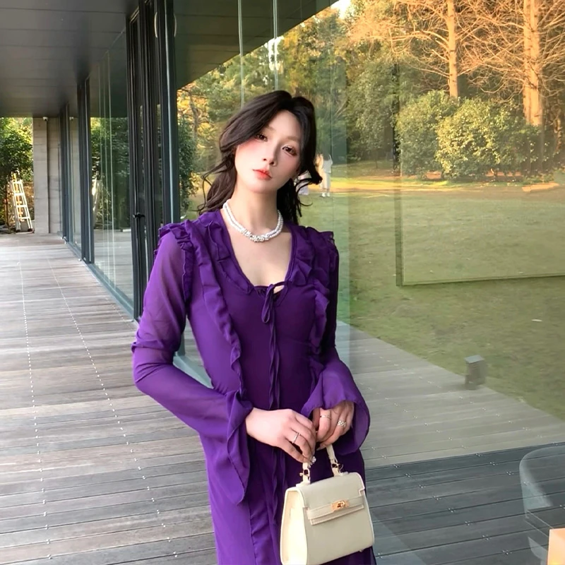 祖祖zz 法式性感辣妹连衣裙紫罗兰色遮肚子藏肉长裙YS624