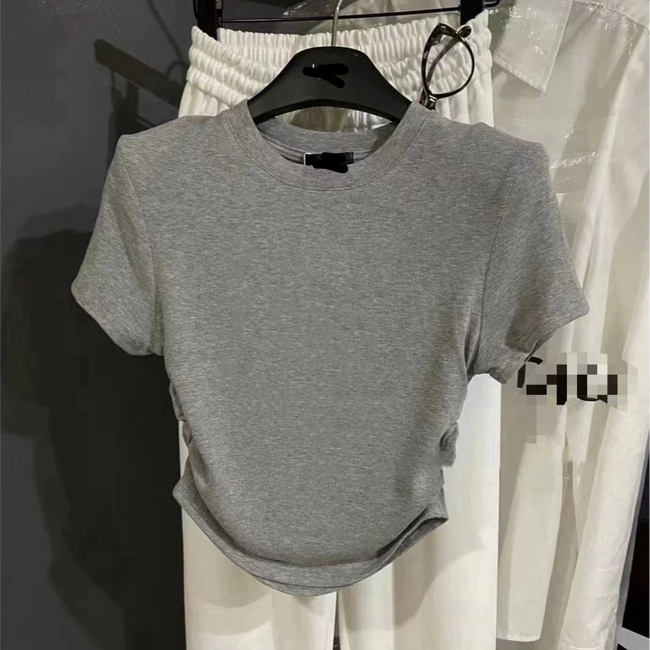 黑色短袖正肩t恤女夏季气质辣妹紧身短款打底衫灰色修身显瘦上衣