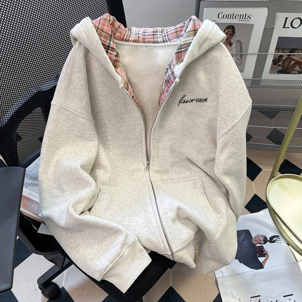 CKKOR秋冬新款休闲风格子拉链连帽卫衣复古宽松重磅加绒外套男女
