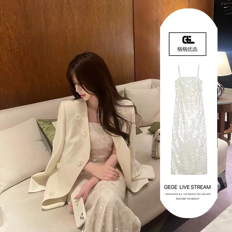 【星河人鱼】小众设计师.重磅定制级钉珠 轻奢吊带气质连衣裙