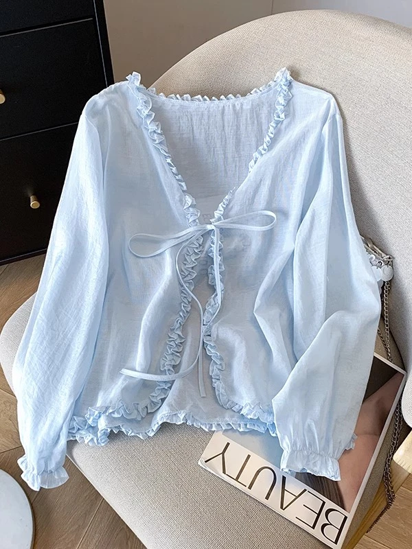 2025夏季新款温柔木耳边V领系带薄款衬衫女百搭纯色防晒开衫外搭