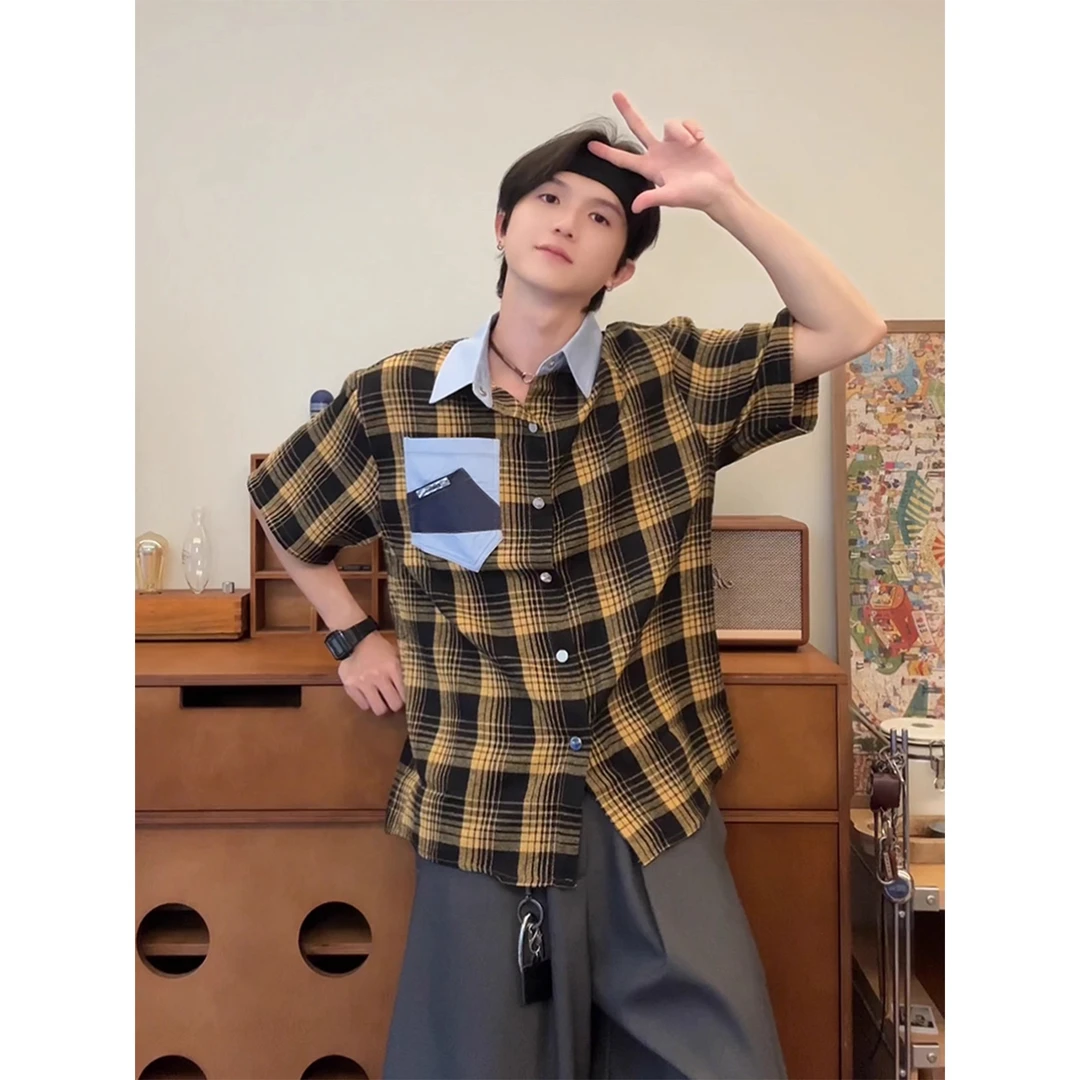 拼接百搭黄色格子短袖衬衫男款夏季cleanfit痞帅高级感翻领衬衣潮