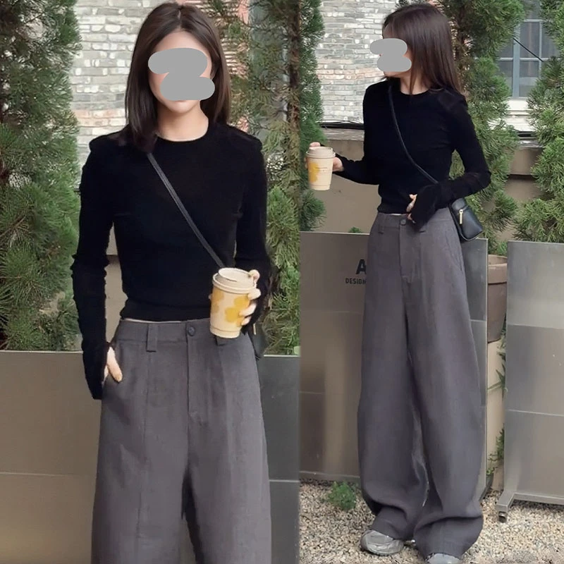 小个子时髦黑色丝绒上衣阔腿裤复古时尚套装女初秋韩系穿搭两件套