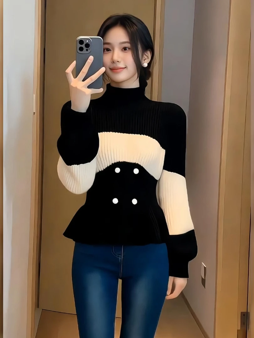 轻熟风气质优雅撞色高领荷叶边毛衣女装2025秋冬新款休闲软糯小衫
