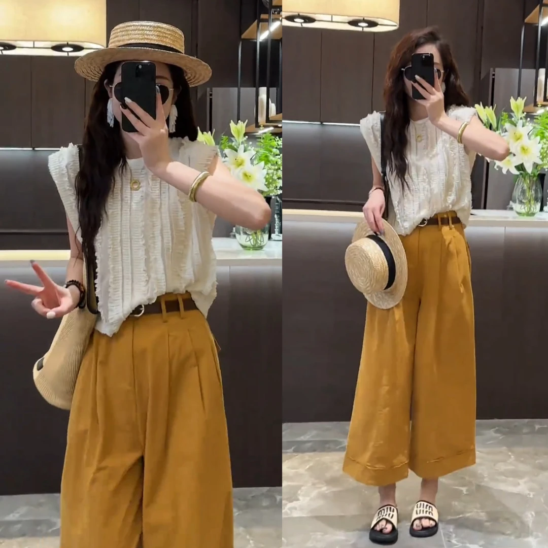 2025夏季新款圆领纯色坎肩木耳边圆领款淡黄色短袖直筒阔腿纯色