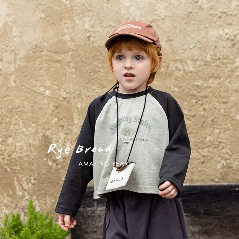 ryebread/黑面包童装 韩系男小童圆领拼色印花设计长袖T恤 5春