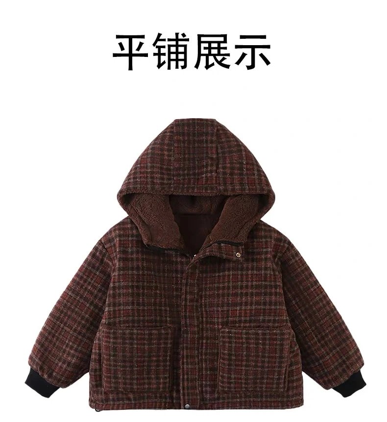 女童中大童加绒加厚款秋冬格子连帽普通外套休闲风拉链双面穿外套
