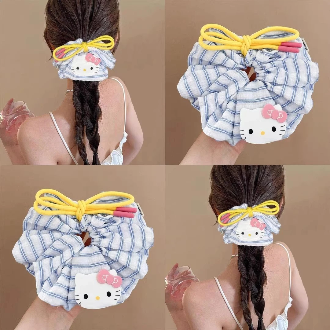 韩系KT猫咪蝴蝶结大肠圈发绳清爽蓝条纹大号发圈头绳丸子头皮筋