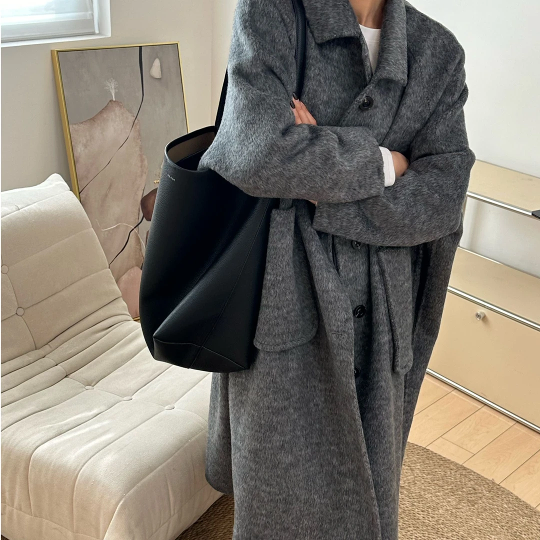 小雨同款【24209】单排扣中长款大口袋高端羊毛呢大衣