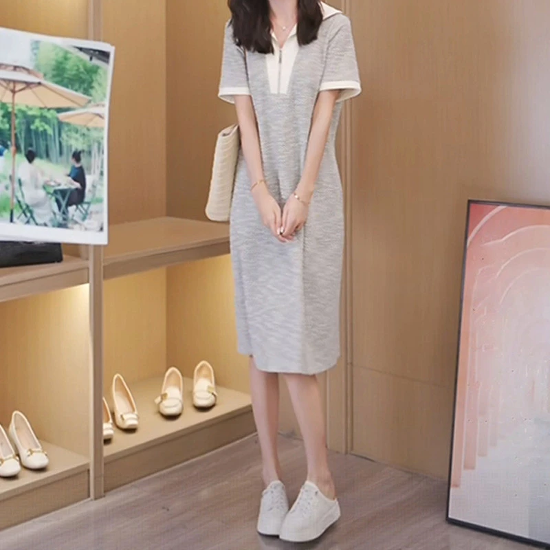休闲气质海军领拼色短袖连衣裙女2025夏季新款宽松显瘦中长裙女装