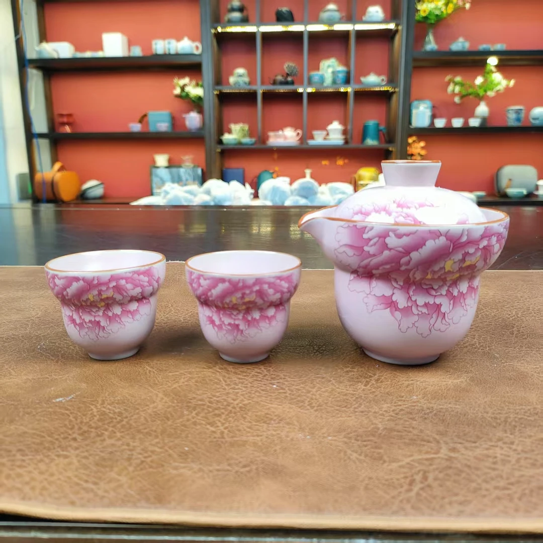 汝窑粉牡丹一壶两杯带包旅行茶具