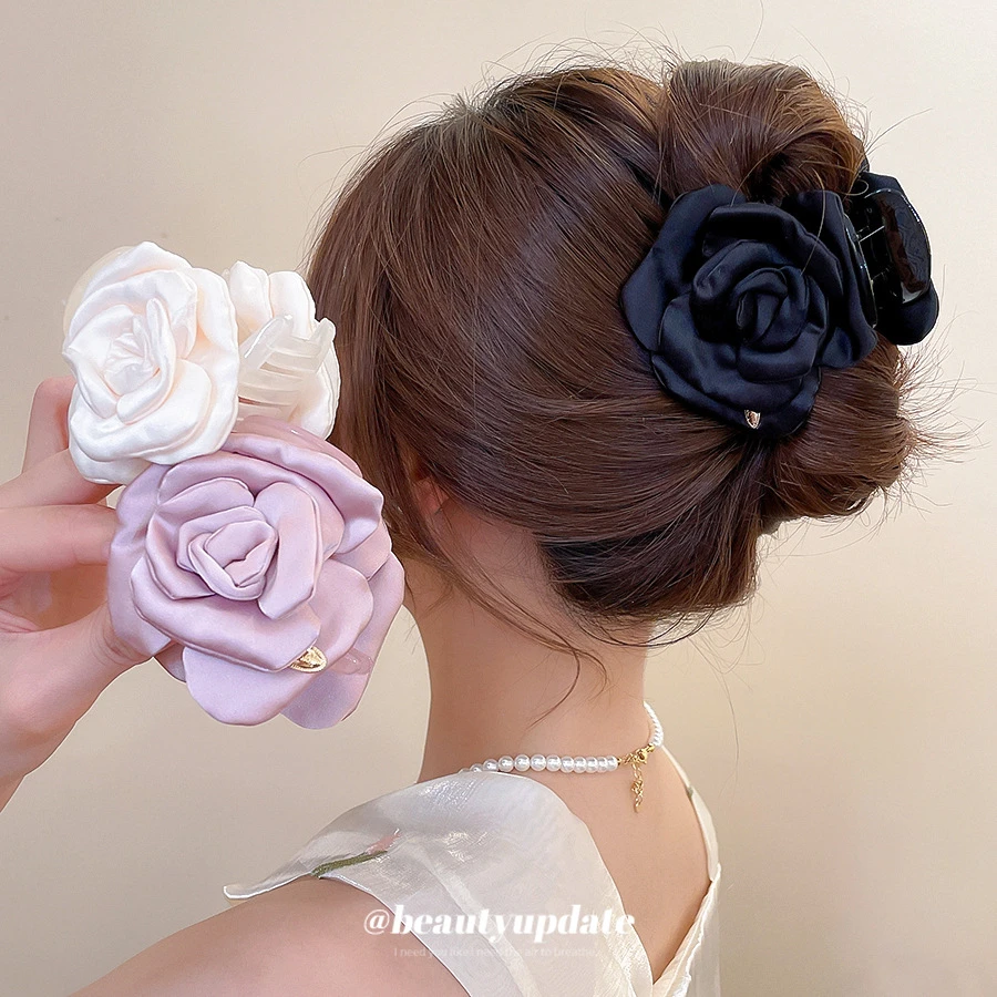 缎面花朵发抓超仙发夹高级感抓夹鲨鱼夹头饰后脑勺盘发发饰品发卡
