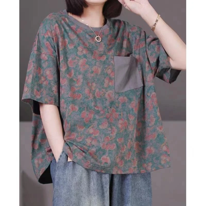 2025夏季新款文艺复古大码棉质短袖女t恤碎花口袋薄款宽松上衣女