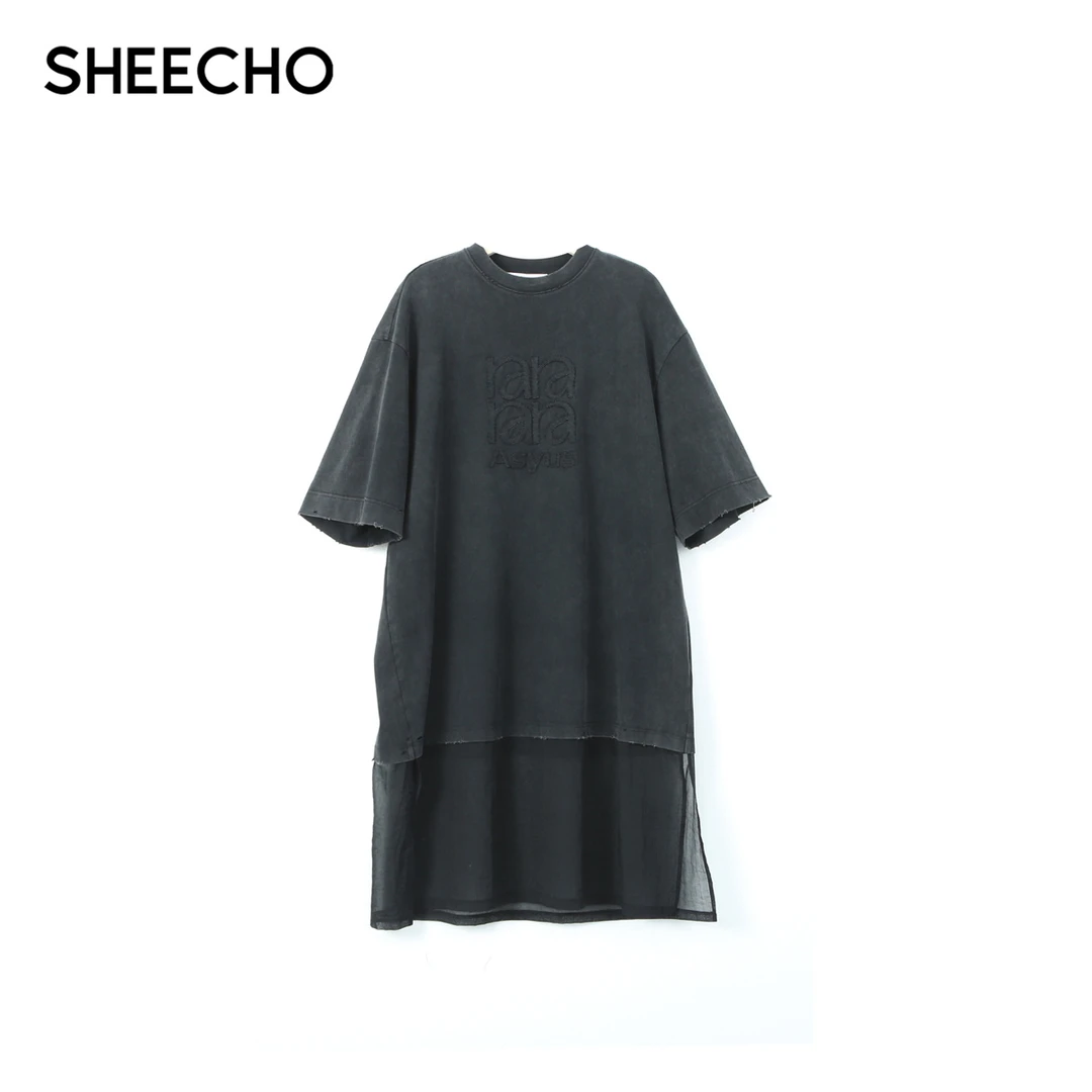 ASYUS设计师品牌25PF早秋纯色破坏边T恤拼接裙女连衣裙SHEECHO