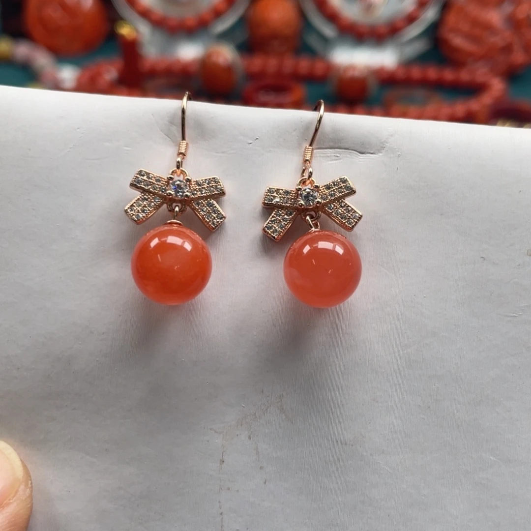 南红玛瑙冰红南红圆珠耳环10mm银S925镀金镶嵌