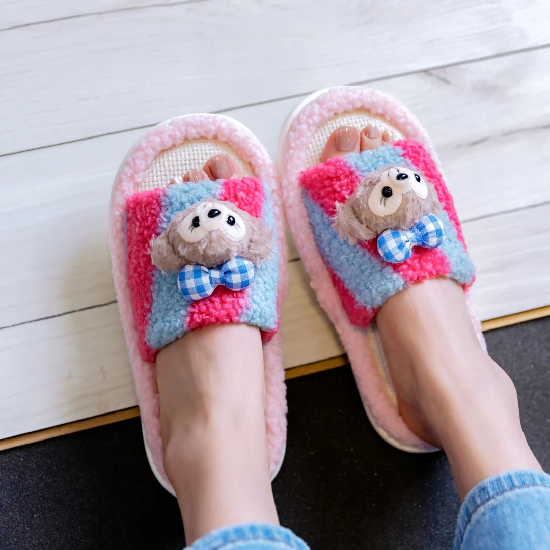 亚麻拖鞋春夏前空透气卡通踩屎感软底拖鞋静音防滑拼色家居可爱风