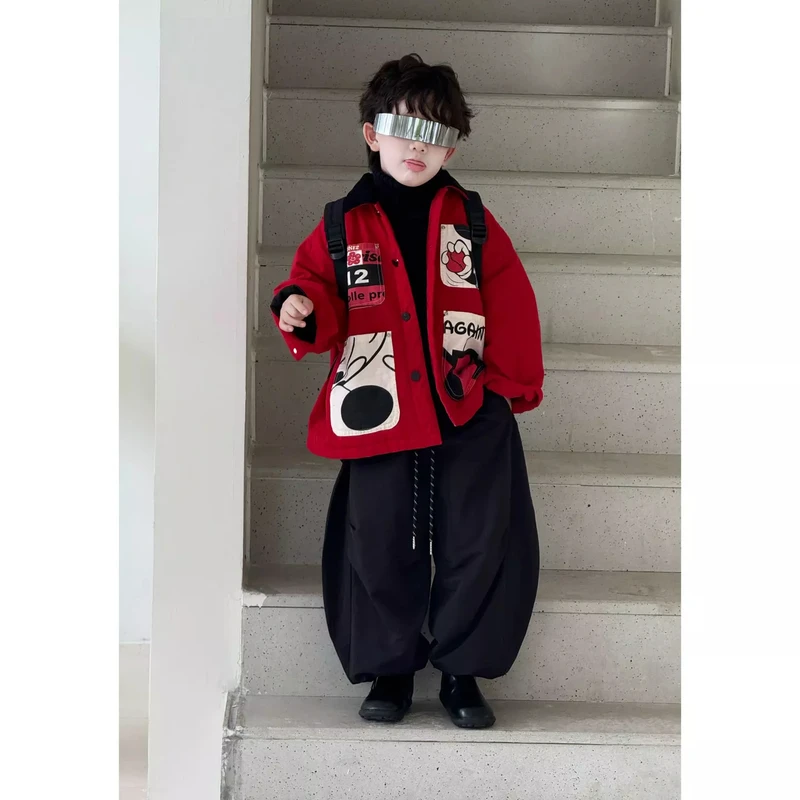 【在仓】kb9233｜冬季儿童韩版 红色翻领米奇夹克外套 超可爱！