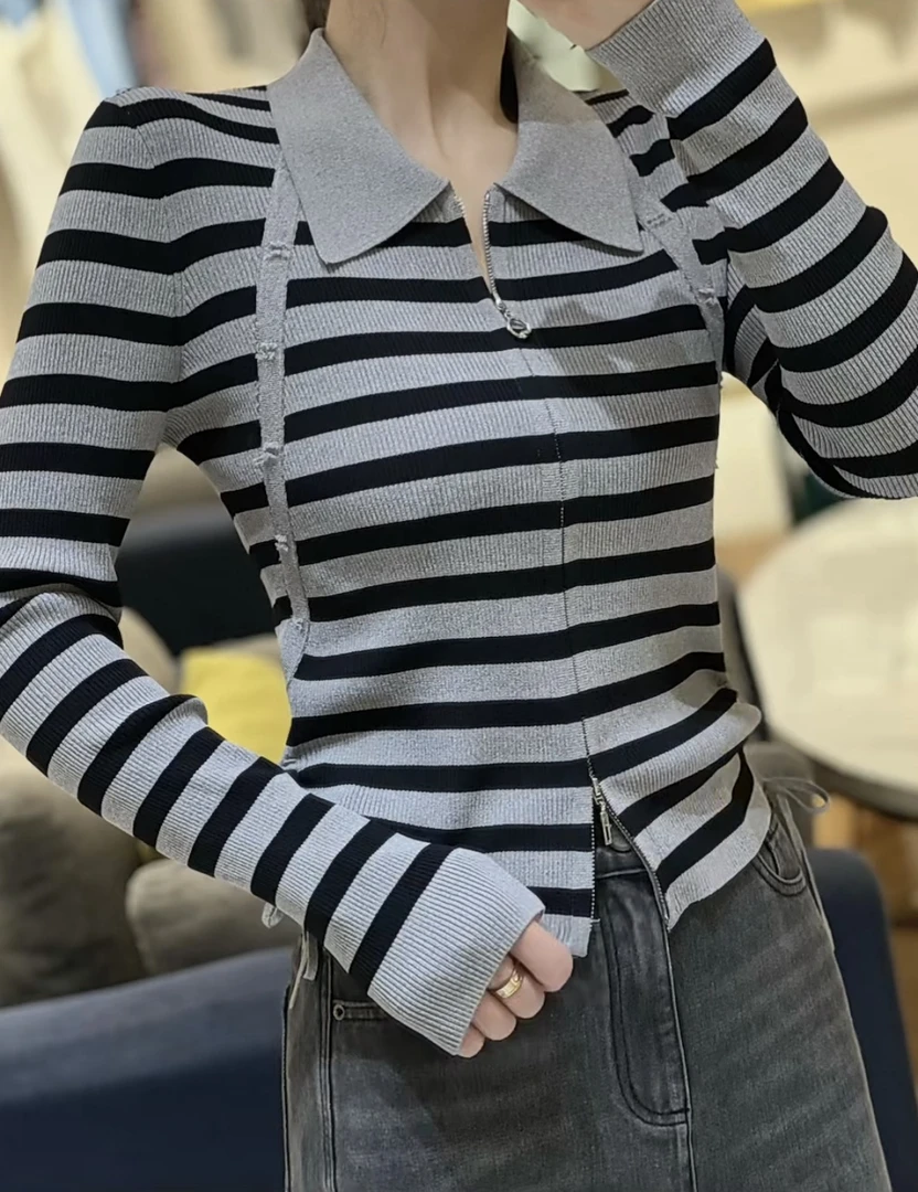 俪妍【LIVELY·YAN】春秋黑灰拼接针织开衫系绳长袖显瘦修身短款翻领