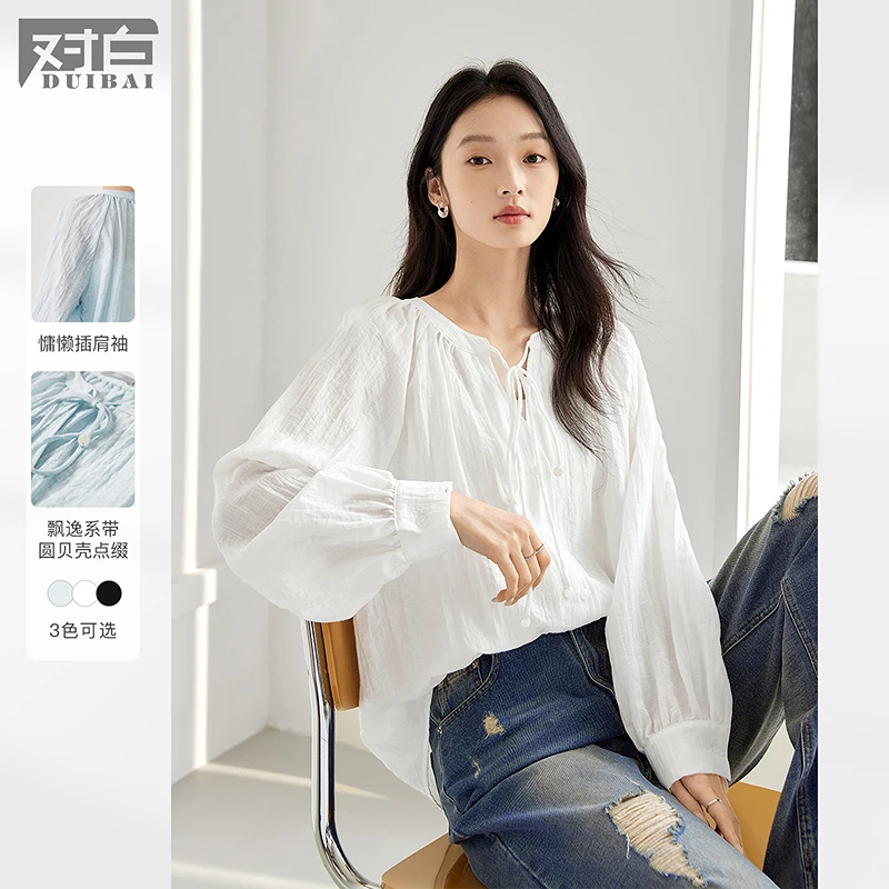 对白法式皱感系带V领长袖白衬衫女欧若风秋新款别致轻薄泡泡袖上