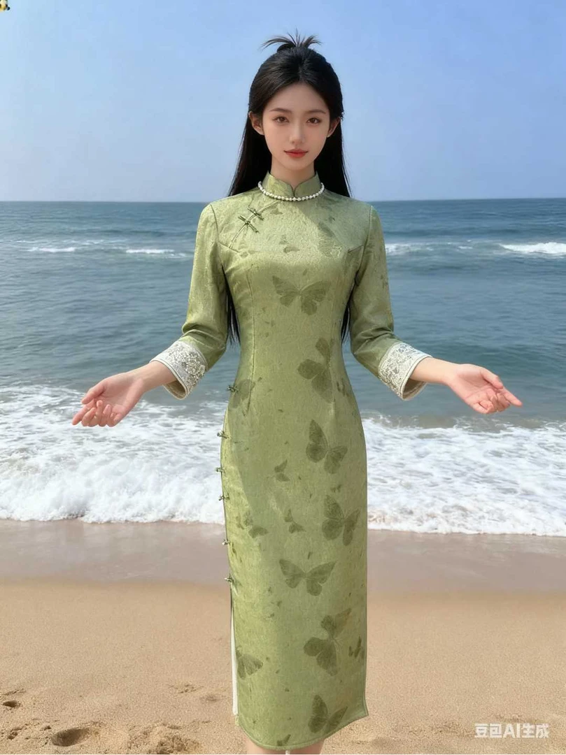 Q220 绿 修身合体新中式植物花卉提花旗袍优雅时尚国风秋冬款