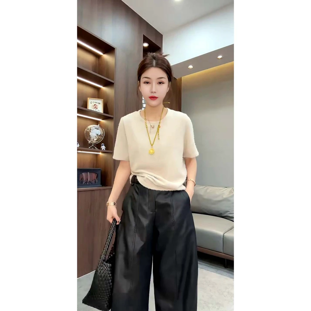 欧货新款慵懒宽松百搭纯色圆领短袖打底毛衣