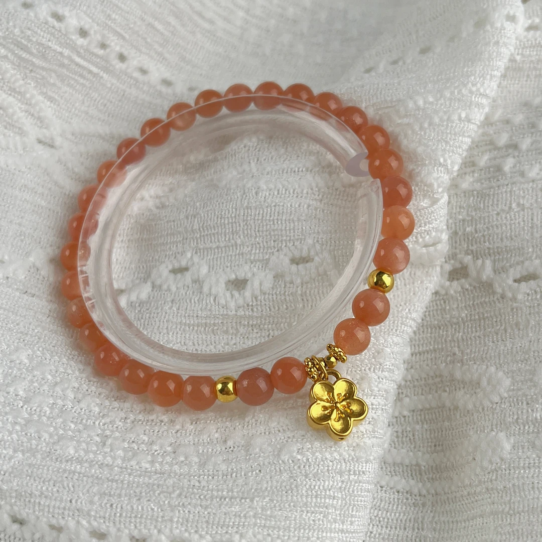 足金黄金飘逸桃花太阳石手串女款百搭轻奢手链日光石送女友礼物