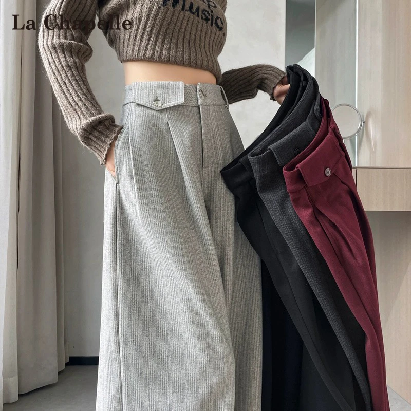 拉夏贝尔麦穗纹毛呢西装休闲裤女春秋2025新款梨型高腰垂感阔腿裤