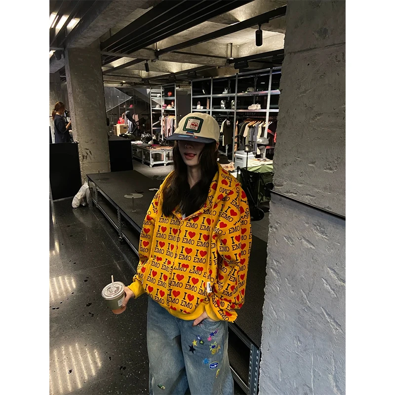 美式休闲百搭连帽卫衣薄款黄色开衫拉链爱心字母小众宽松时尚外套