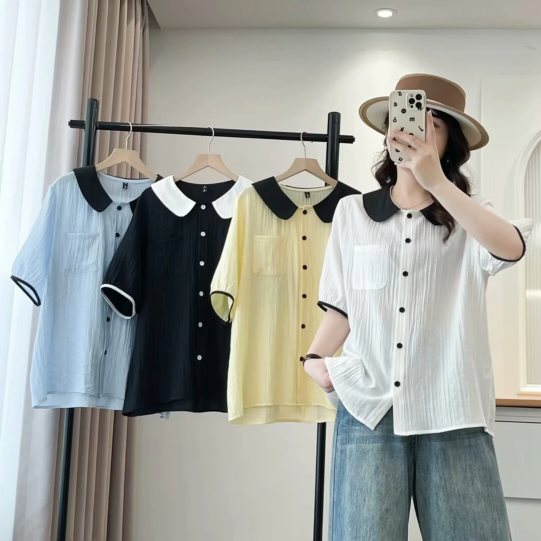 娃娃领短袖拼色衬衫女夏2025新款大码胖mm减龄漂亮小衫上衣618