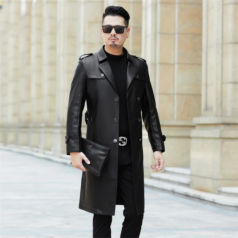 海宁皮衣男士商务休闲时尚帅气青年长款风衣款男装皮衣外套6777