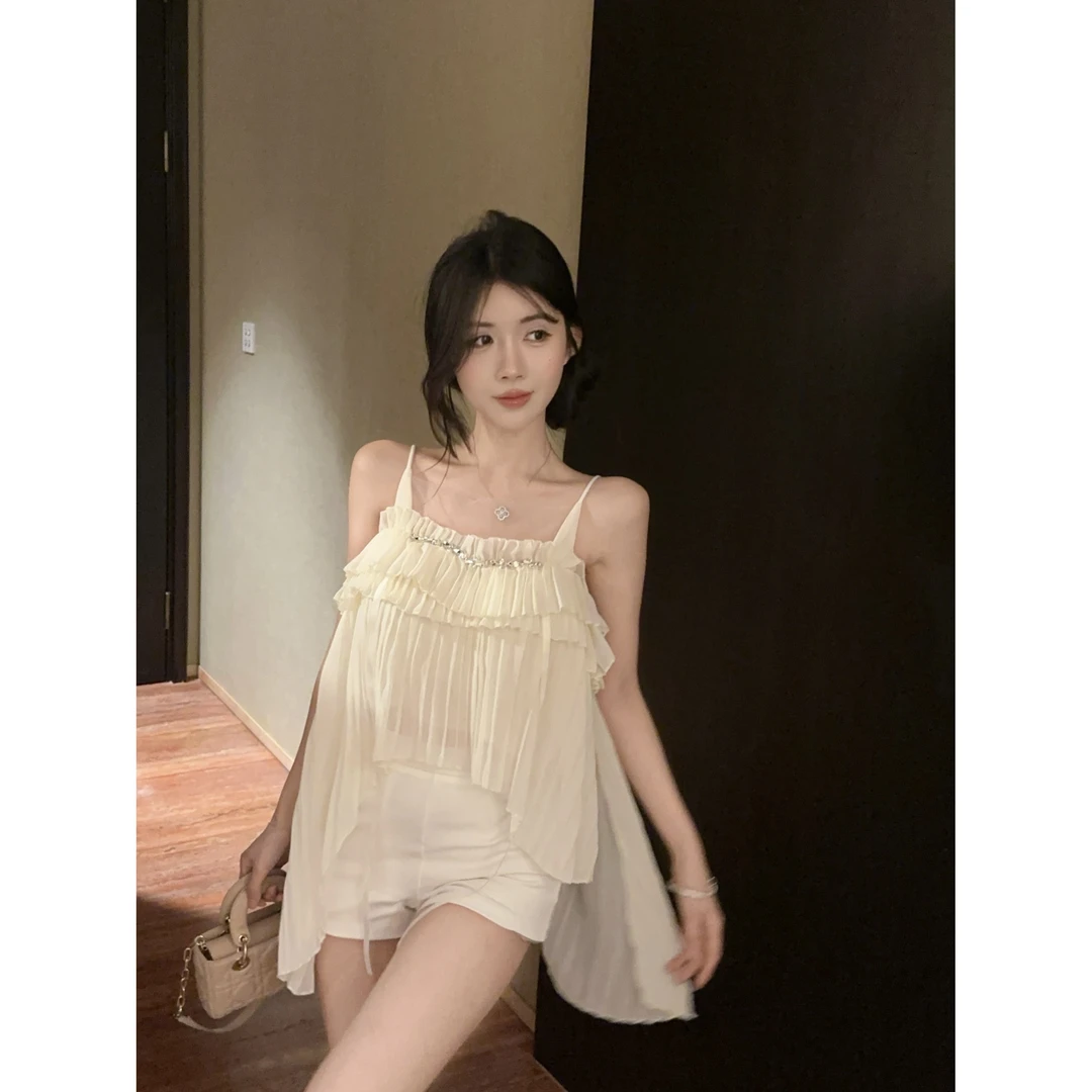 重工镶钻吊带雪纺衫女下摆荷叶边时尚百搭宽松显瘦小众设计感上衣