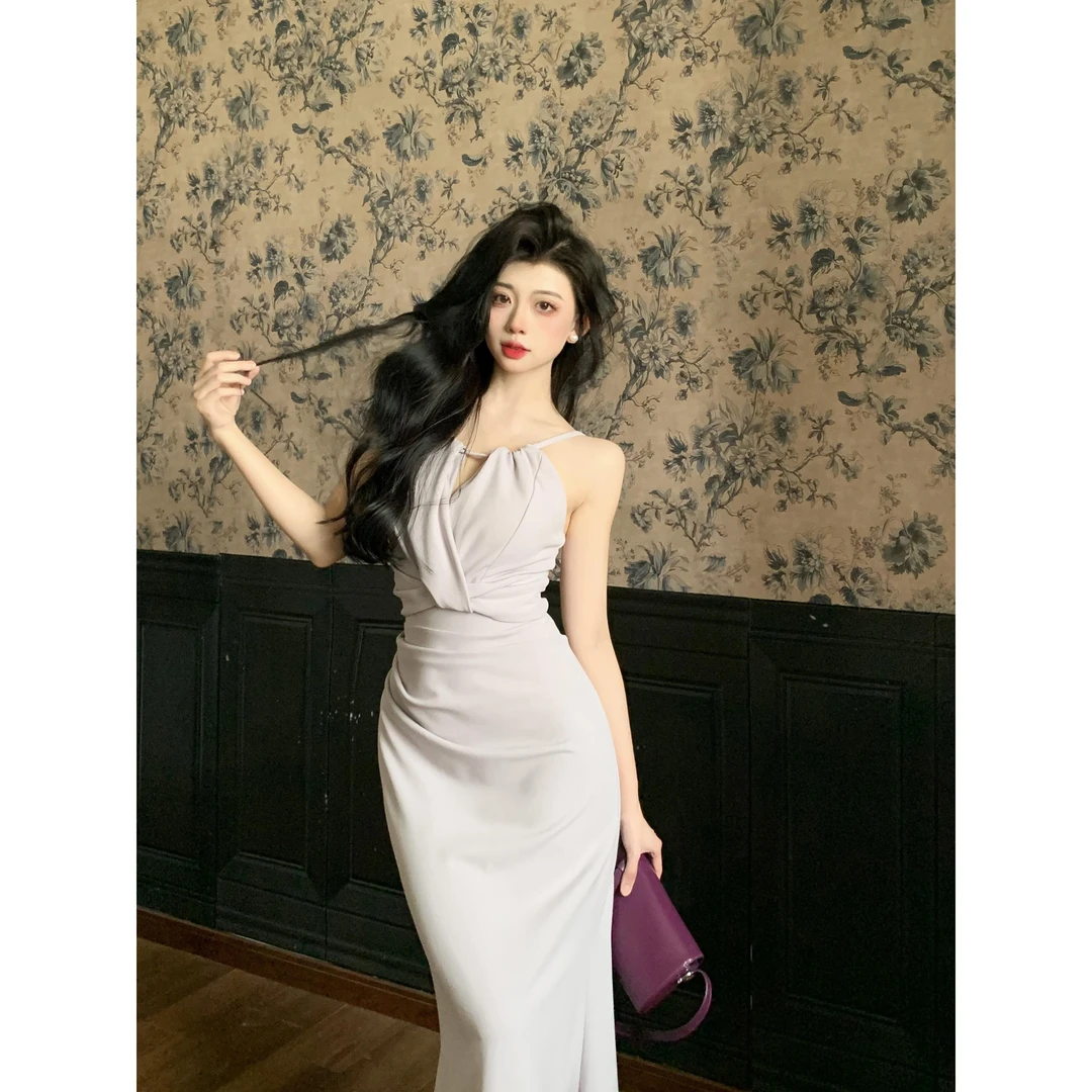 实拍现货法式温柔气质御姐吊带连衣裙褶皱遮肚胖MM收腰显瘦长裙