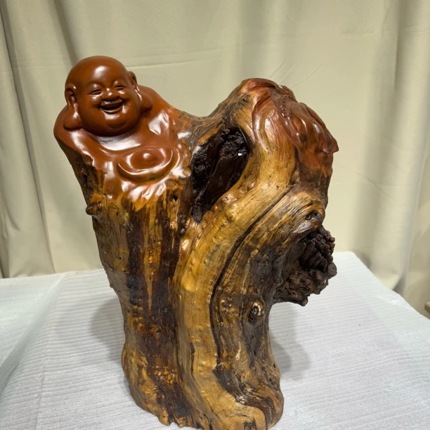 自然风化枣木弥勒元宝根雕艺术品