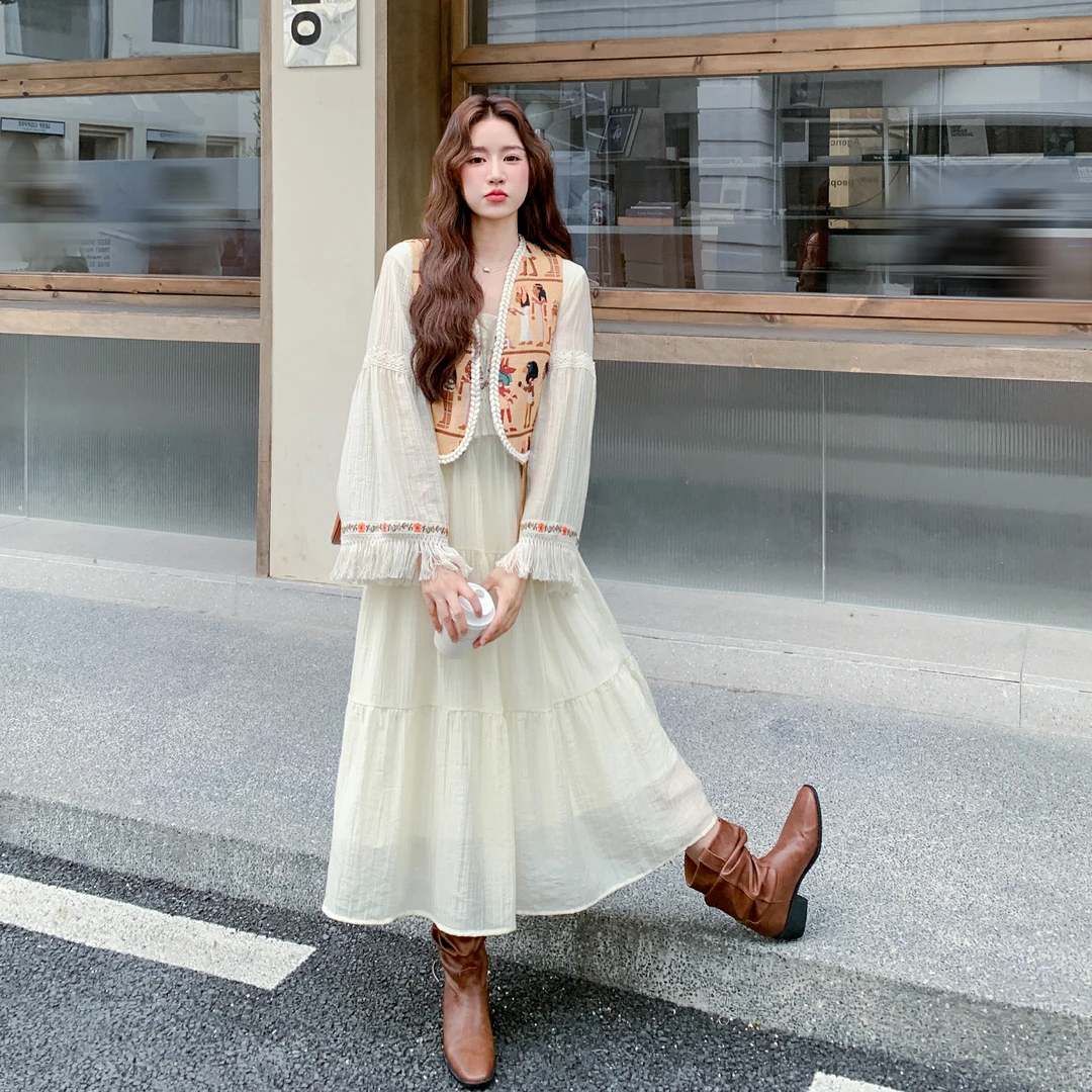 法式时尚百搭甜美减龄套装裙女早秋新款复古马甲流苏连衣裙两件套