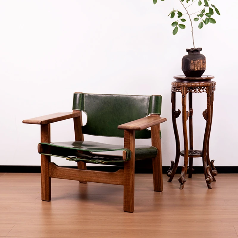 西班牙椅北美白蜡木意大利进口头层牛皮休闲实木椅