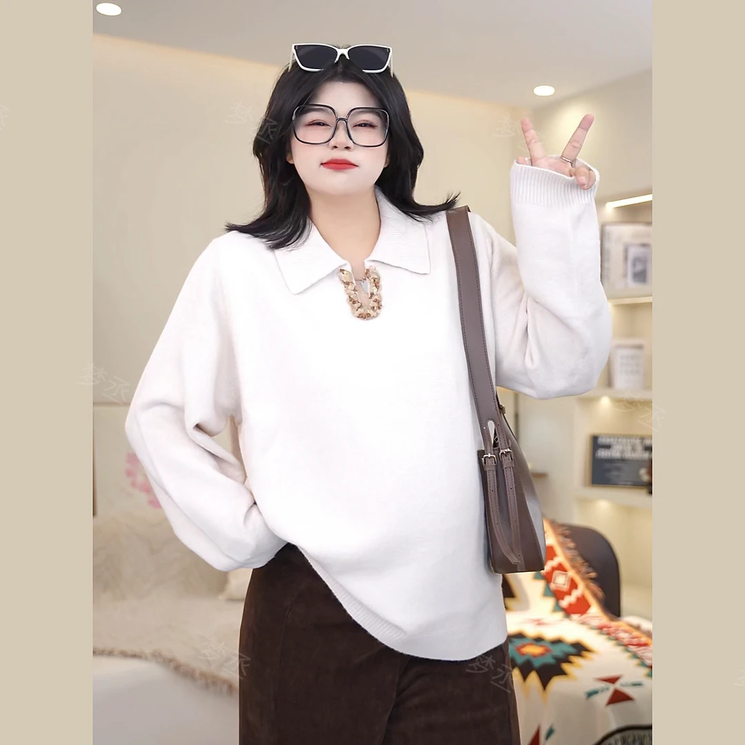 梦丞-冬季大码女装胖mm宽松显瘦遮肉POLO领半开胸长袖针织衫