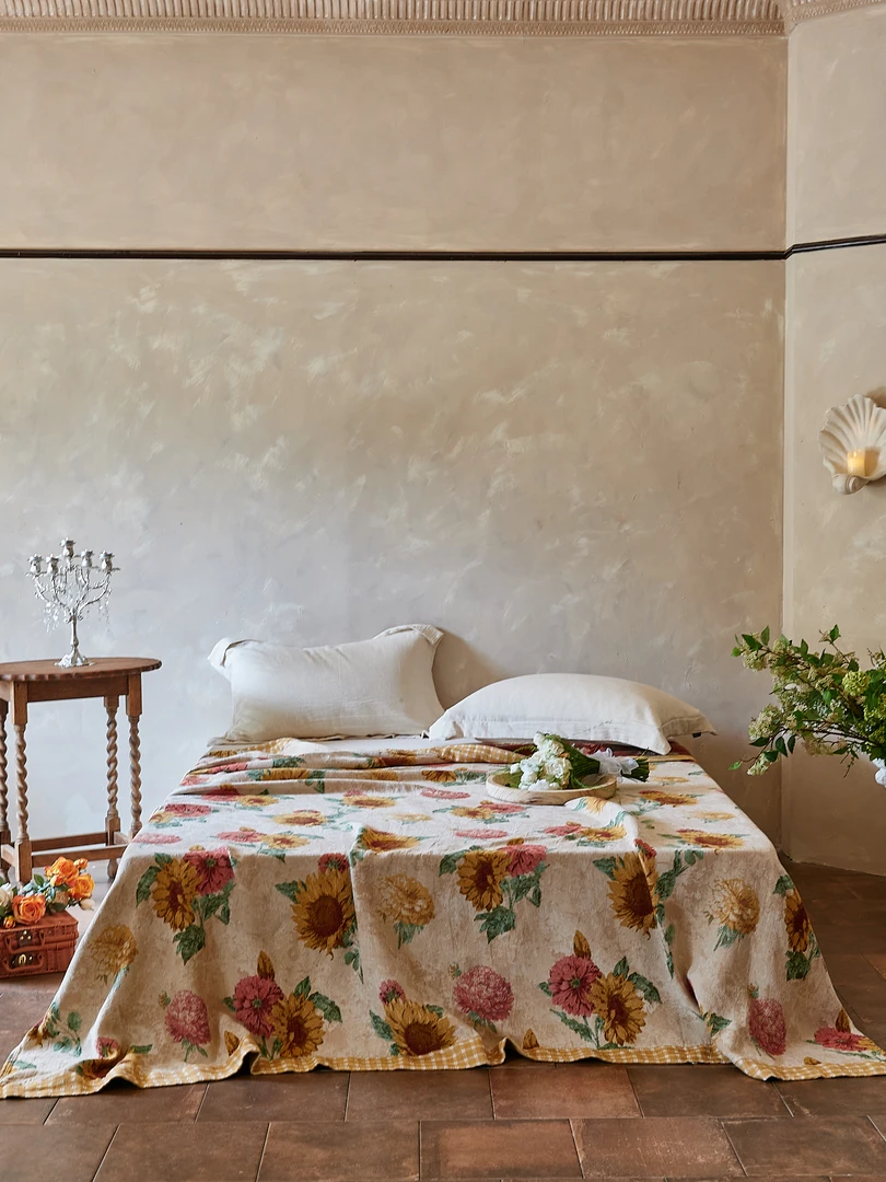 大外贸订单油画230*250斜纹编织床盖床单加厚加大 向日葵