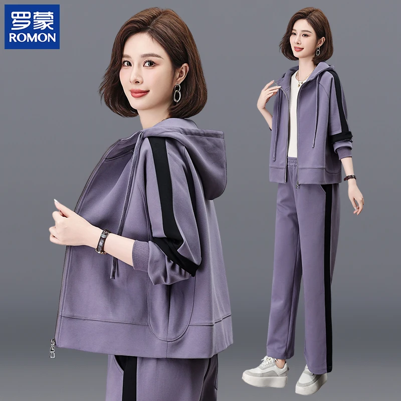 罗蒙妈妈秋装减龄运动套装40-50岁连帽外套中老年女装洋气两件套