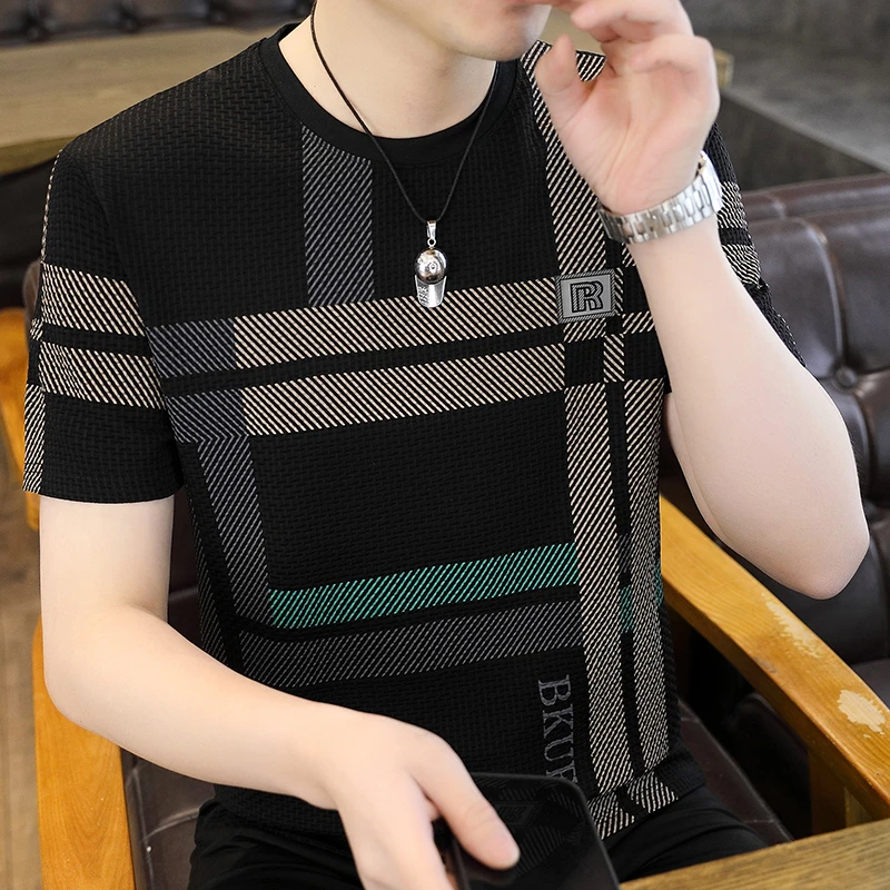 夏季新款男士冰丝短袖T恤时尚印花潮流半袖体恤宽松大码圆领上衣