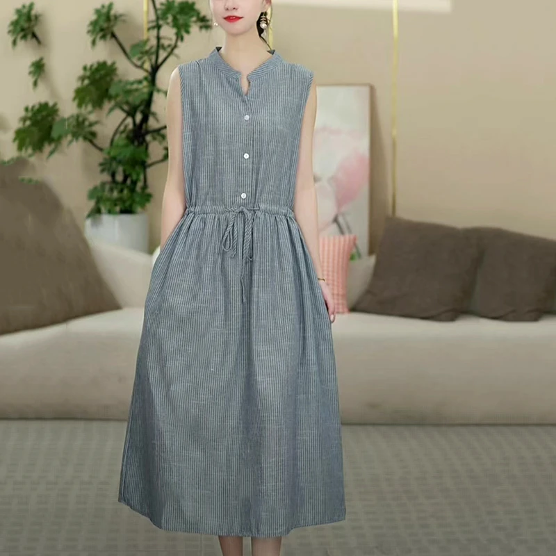 文艺气质条纹连衣裙女2025夏季新款棉麻透气系带显瘦连衣裙998