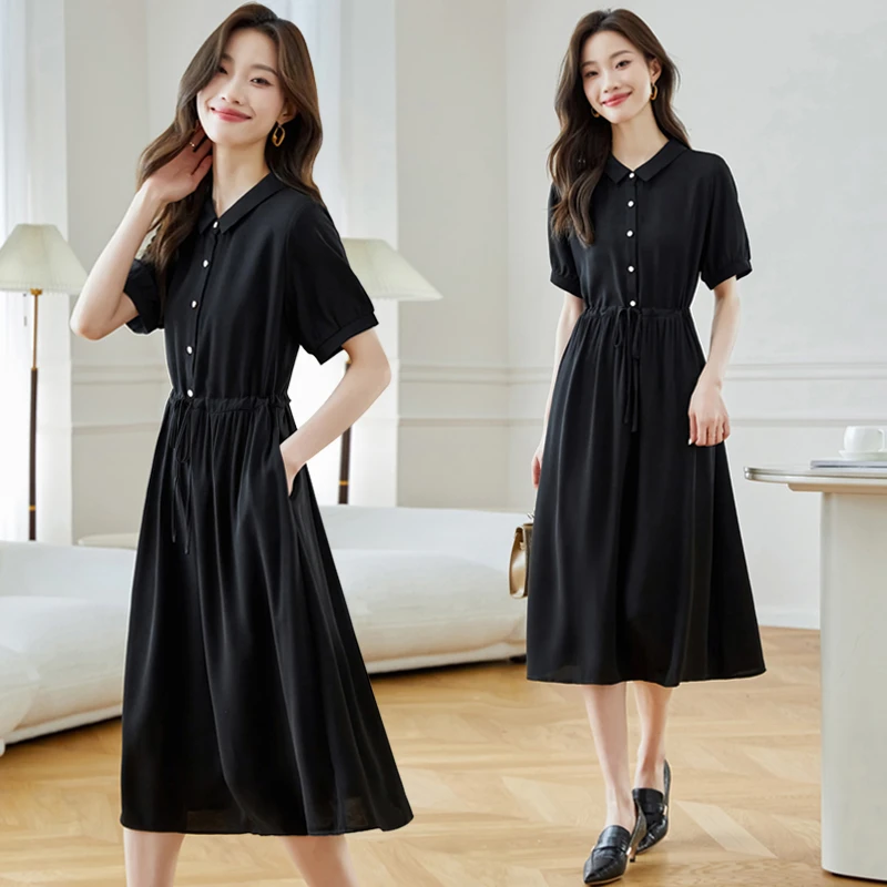 法式衬衫连衣裙2025夏季新款赫本风黑色收腰显瘦气质雪纺过膝长裙