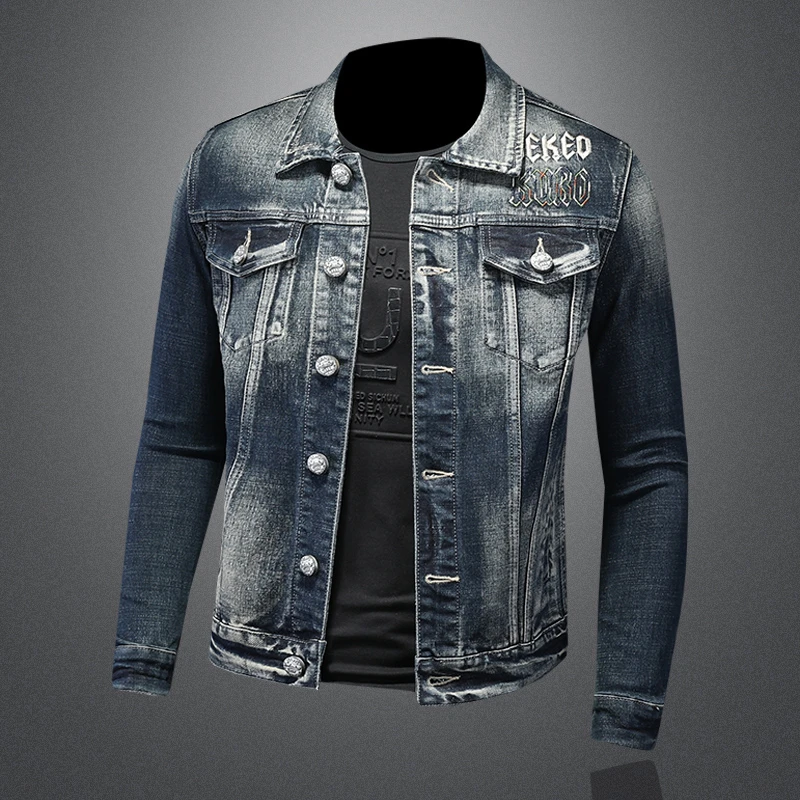 利尼科比利2025秋冬刺绣字母翻领牛仔外套男潮流休闲弹力机车夹克