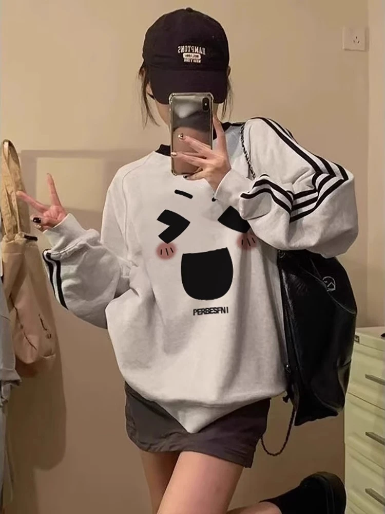 三条杠正肩圆领卫衣女秋冬季2025新款长袖大码宽松设计感套头上衣