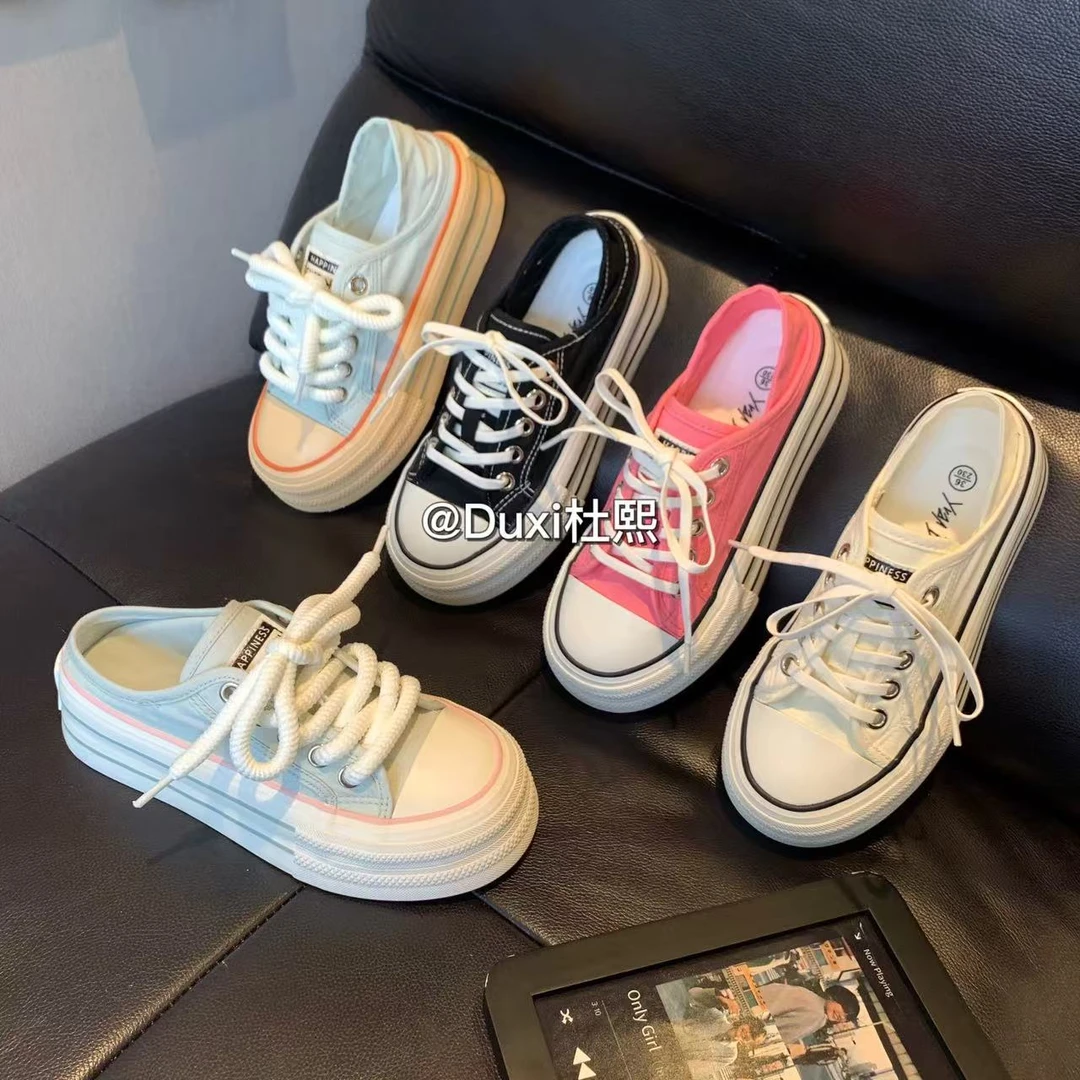 duxi/杜熙2025时尚休闲百搭夏季厚底包头韩版网红两穿ins低帮女鞋