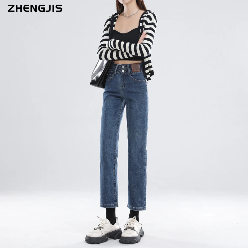秋冬新款复古蓝贴牌直筒宽松九分牛仔裤女修身高腰潮流烟管裤