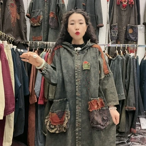 刺绣招财猫重工艺刺绣牛仔大鱼风衣