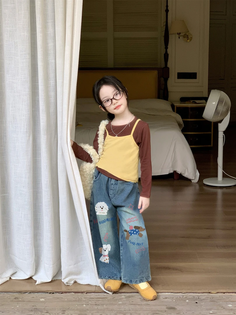 女童吊带打底衫两件套T恤2025秋季新款儿童卡通印花牛仔裤套装潮