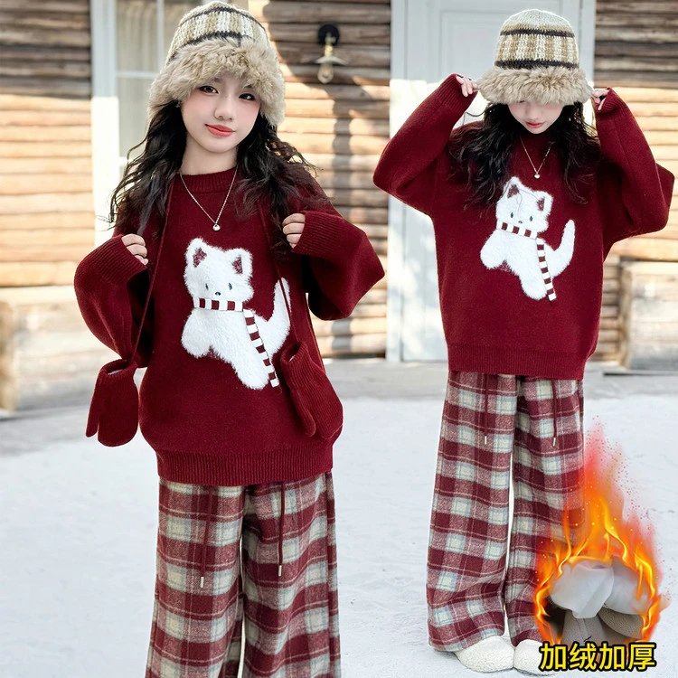 女童加绒加厚本命年新春红色毛衣中大童保暖新年拜年服套装元旦